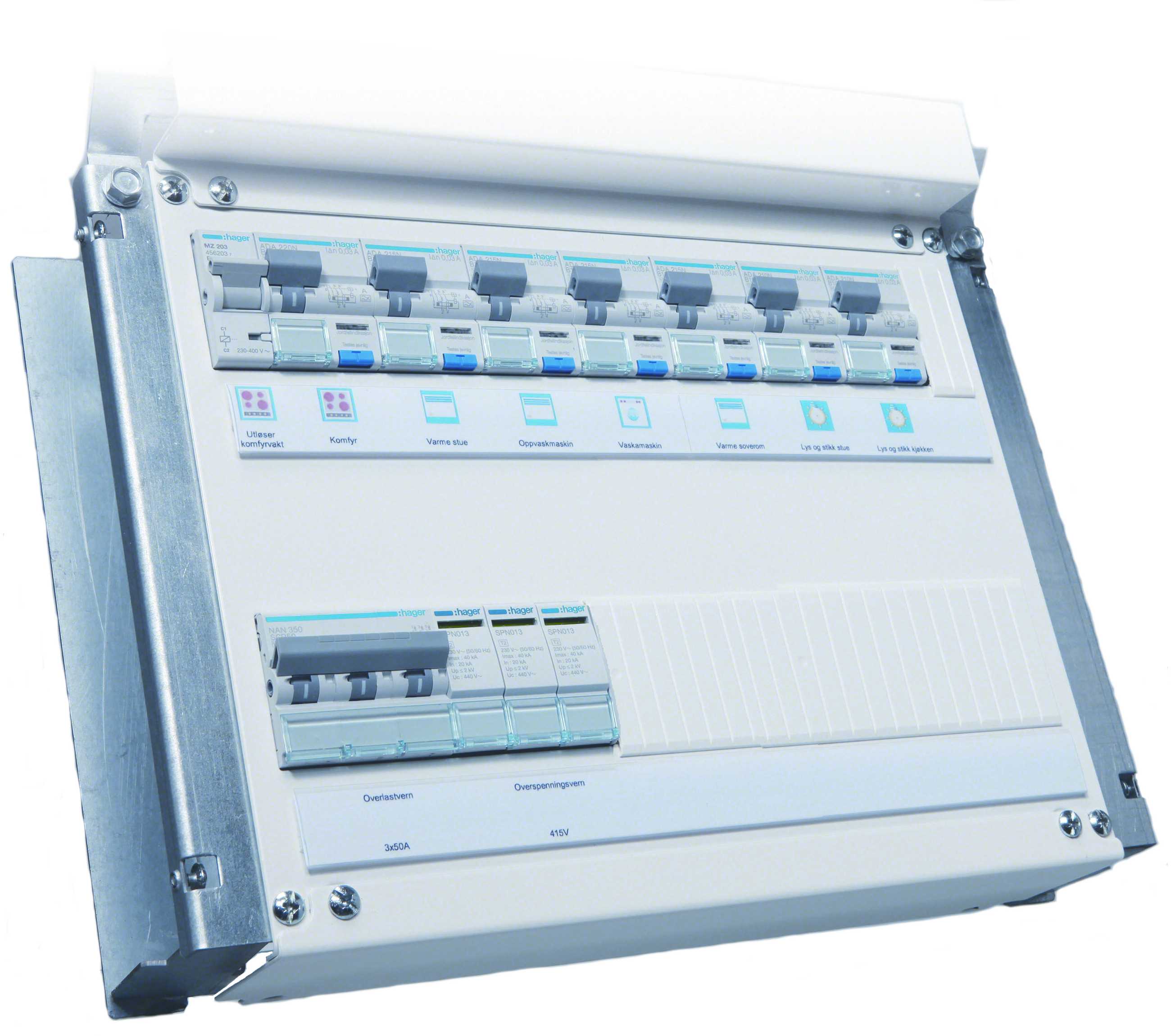 Hager - Rehabpakke 230V IT, 7 kurser, 2x40A ov, UD216N, faseskinner, ledningssett