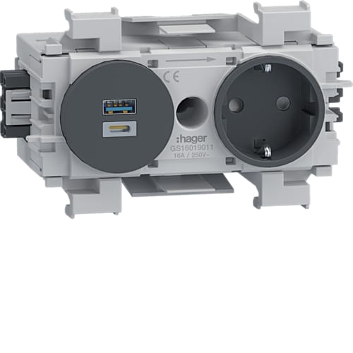 Hager - Enkel stikk med USB lader A+C 15W sort farge, leveres med hurtigkobling. For ramme bruk 1200782