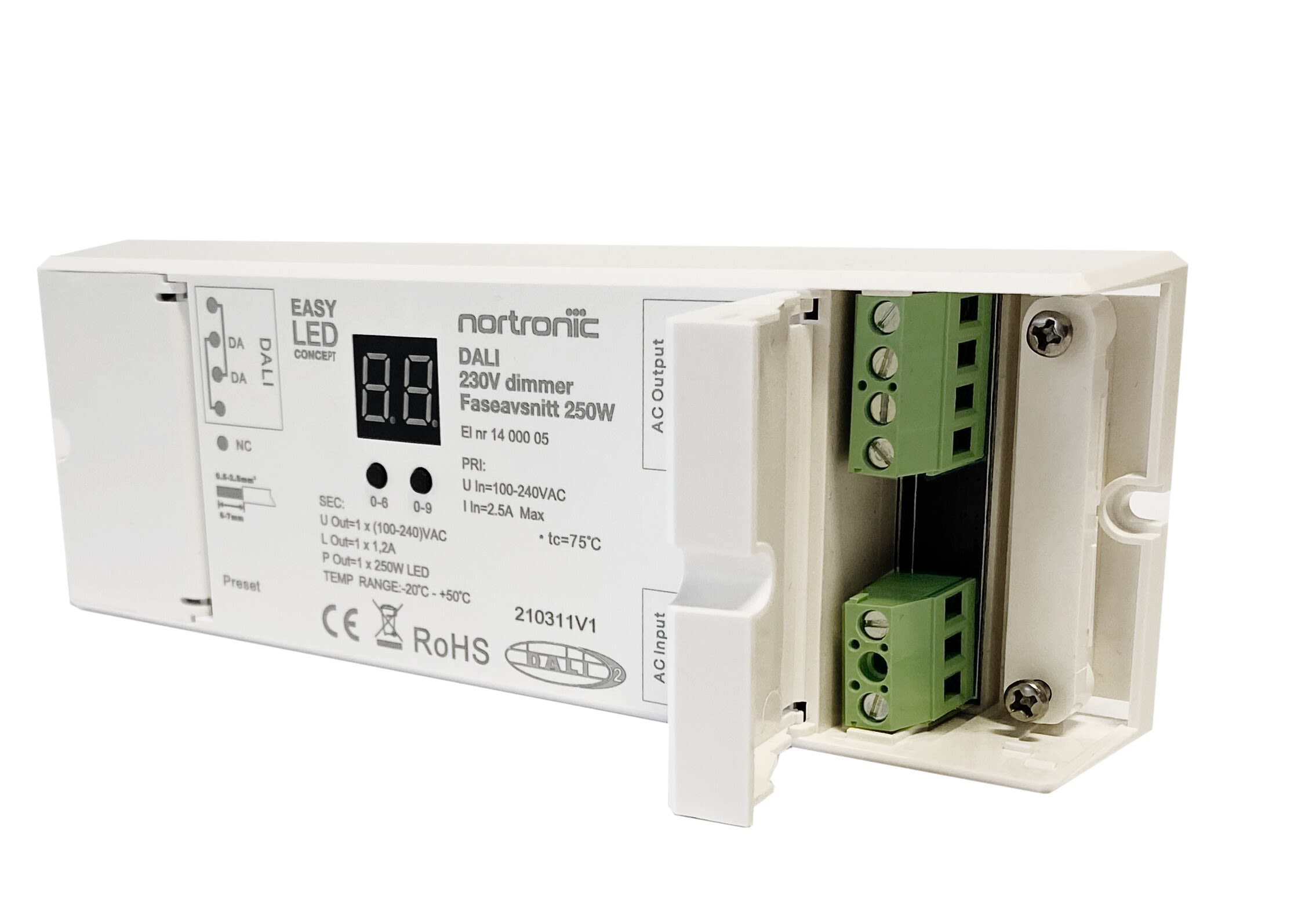 Nortronic - DALI 230V dimmer Faseavsnitt Trafohus med strekkavlaster