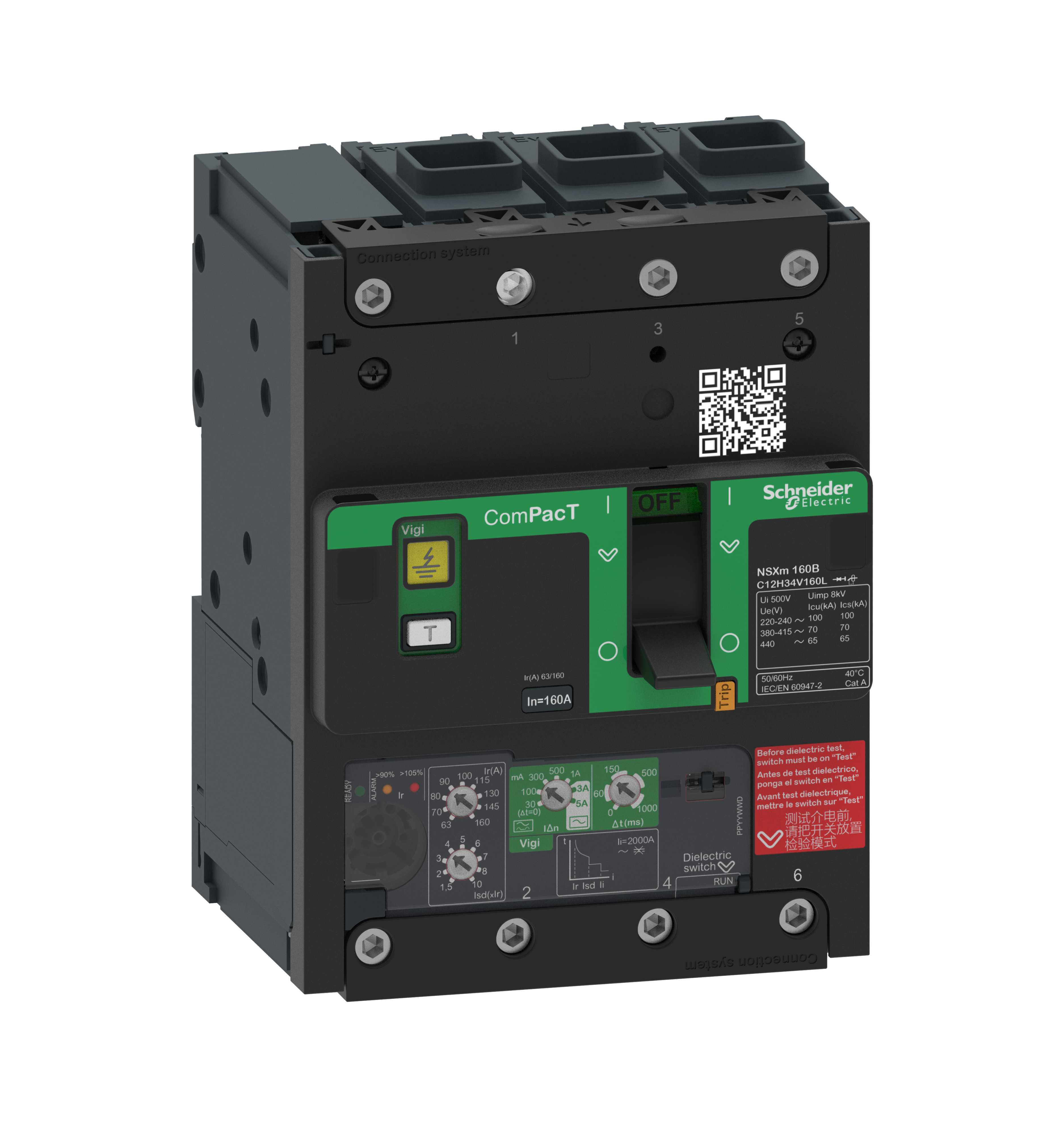 Schneider Electric - Effektbryter ComPacT NSXmH 100kA/230V 70kA/400V-vern med jordfeilvern-Micrologic 4.1 50A 3p Everlink
