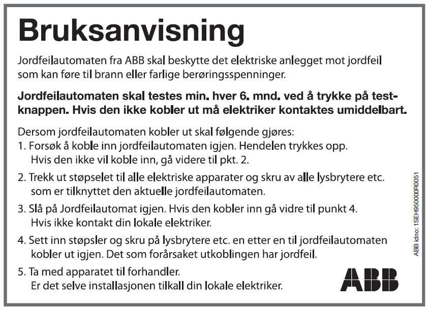 ABB Electrification - Klistremerke, bruksanvisning for jordfeilautomat