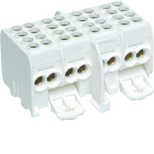 Hager - Koblingsstykke for din-skinne, 4-pol, 80A, 10mm2 m. hylse, 16mm2 pn, 25mm2 rund, 16 terminaler, ip20
