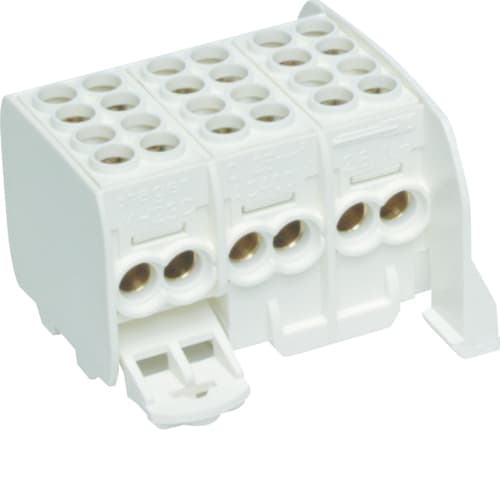 Hager - Koblingsstykke for din-skinne, 3-pol, 80A, 10mm2 m. hylse, 16mm2 pn, 25mm2 rund, 12 terminaler, ip20