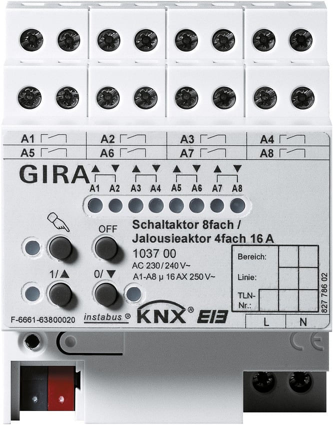 GIRA - KNX Av/på-persienneakt. 8x/4x 16 A tavlemontert
