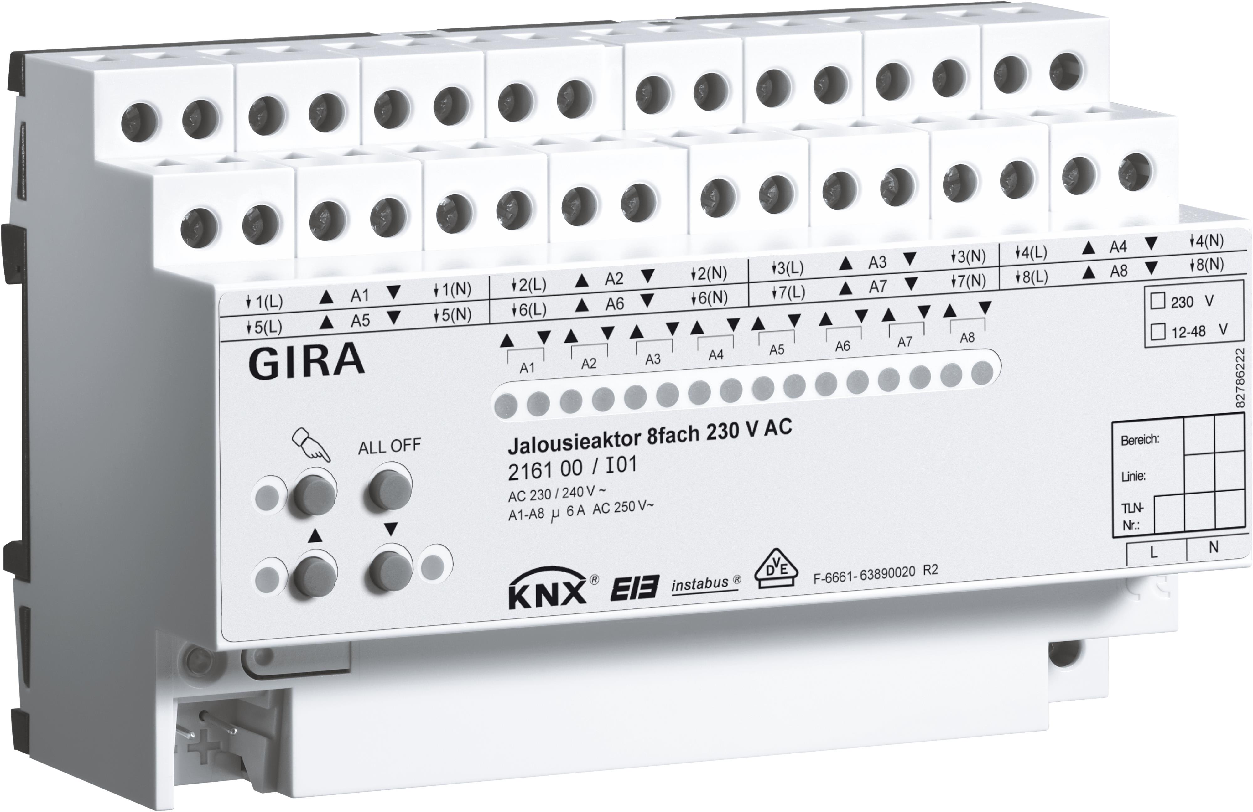 GIRA - KNX Persiennerelé 8x kanaler 230V AC tavlemontert