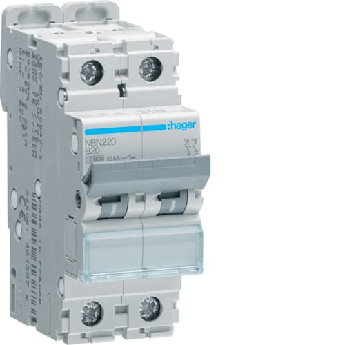 Hager - Automatsikring 2x20A, B-kar, 10/ 15kA