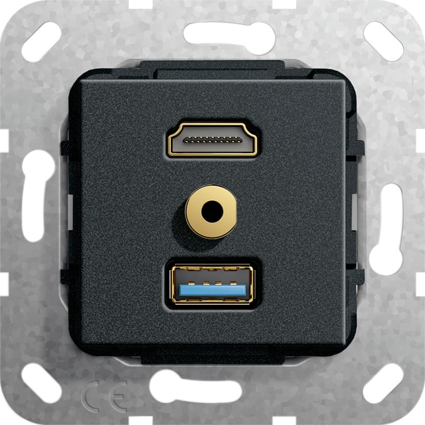 Function - HDMI,USB 3.0A,mini jack han/hun overg,overg.k. Innsats svartmatt