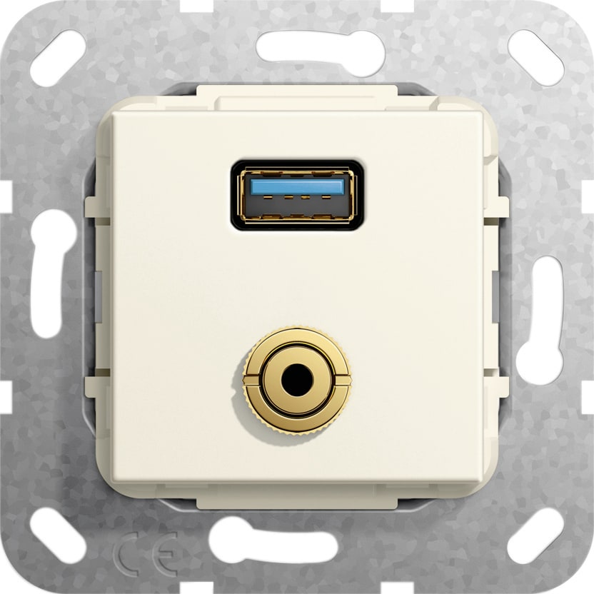 Function - USB 3.0 A, mini jack han/hun overg,overg.k. Innsats kremhvit