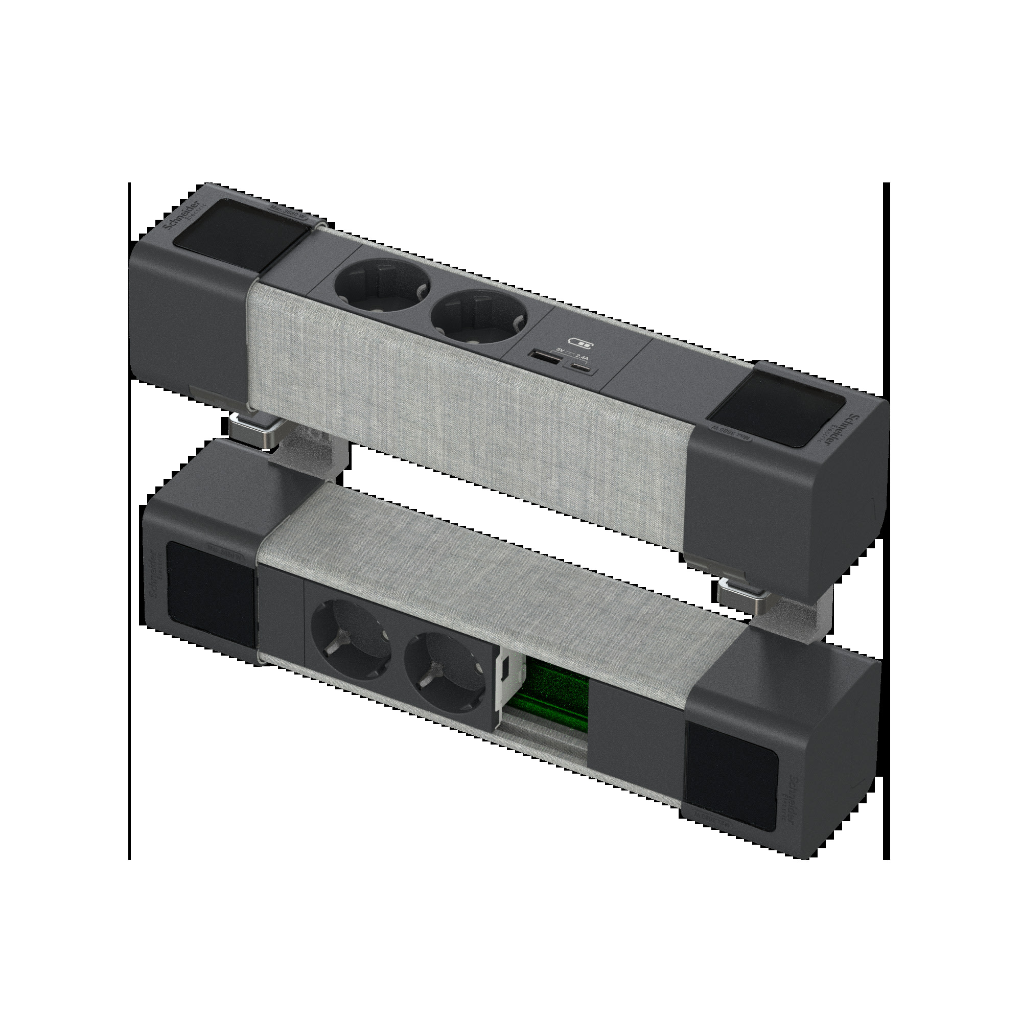 Schneider Electric - Bordenhet L - 2 x stikkontakt uttak + USB Type A/C (RJ uttak under) - Antr/Grå