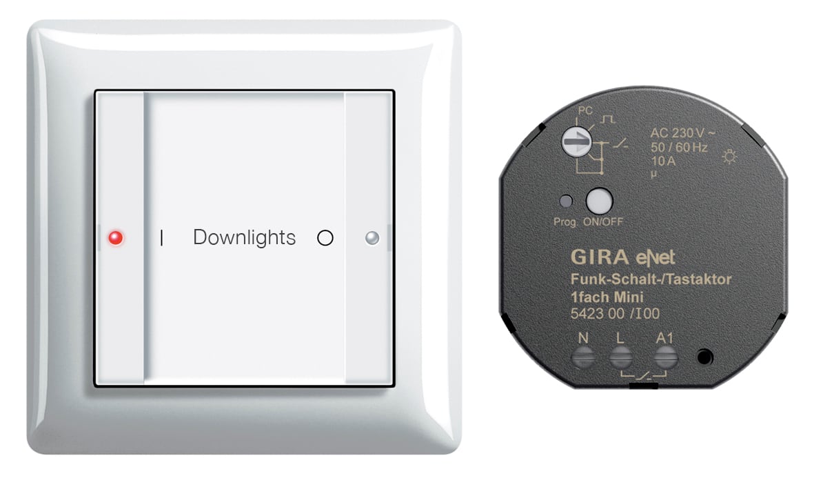 GIRA - eNet relémodul/impulsrelé MINI komplett med veggsender, ramme og bunnplate