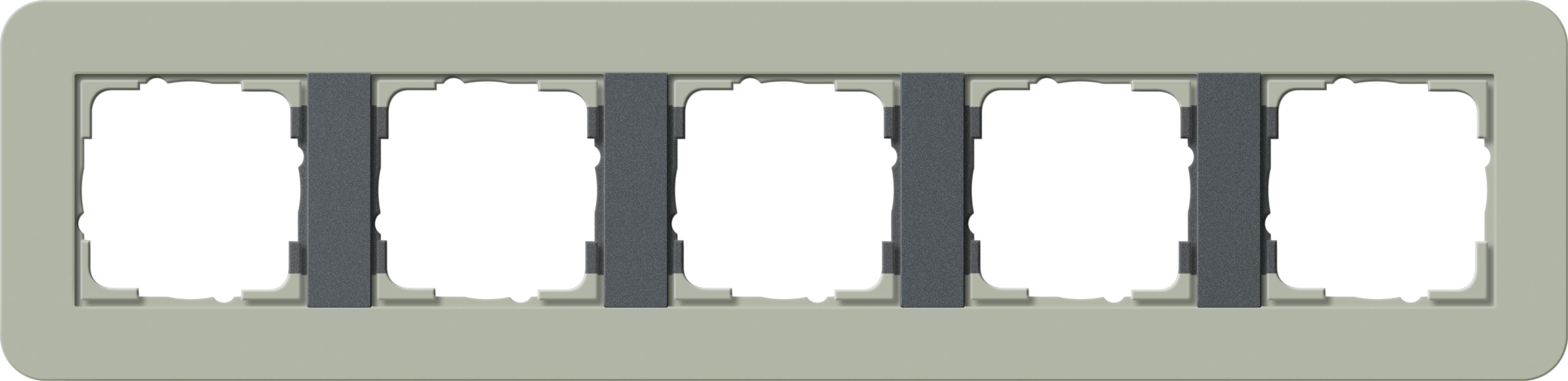 GIRA - Ramme E3 Soft-touch 5 hull. Dekkramme: Grågrønn NCS S 4005-G50Y / Grunnramme: Antrasitt