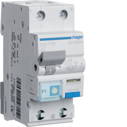 Hager - Jordfeilautomat 30mA, C-kar, 2x25A, 6kA, type A