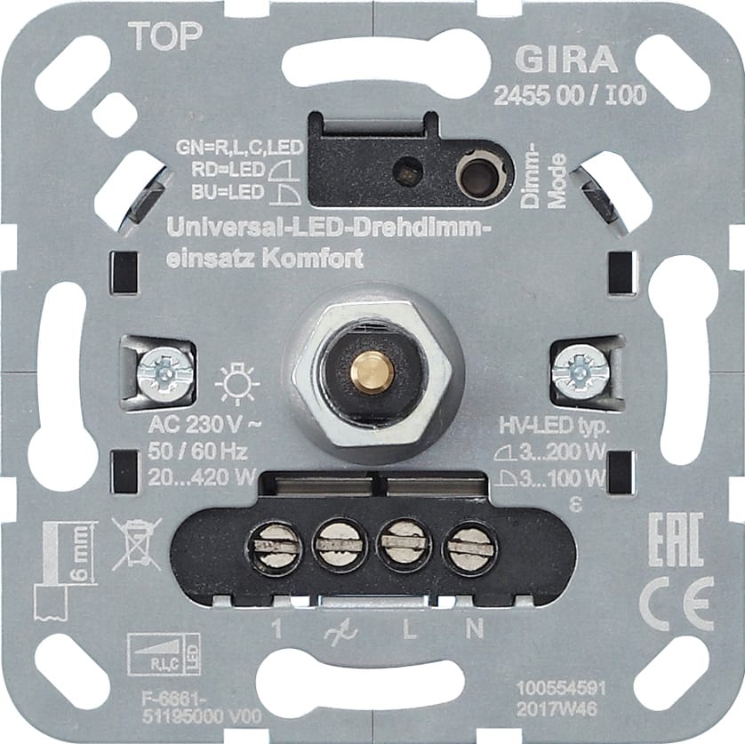 GIRA - System 3000, trykk/vri dimmer for veggboks. Komfort versjon. AC 230 V, 50/60 Hz
