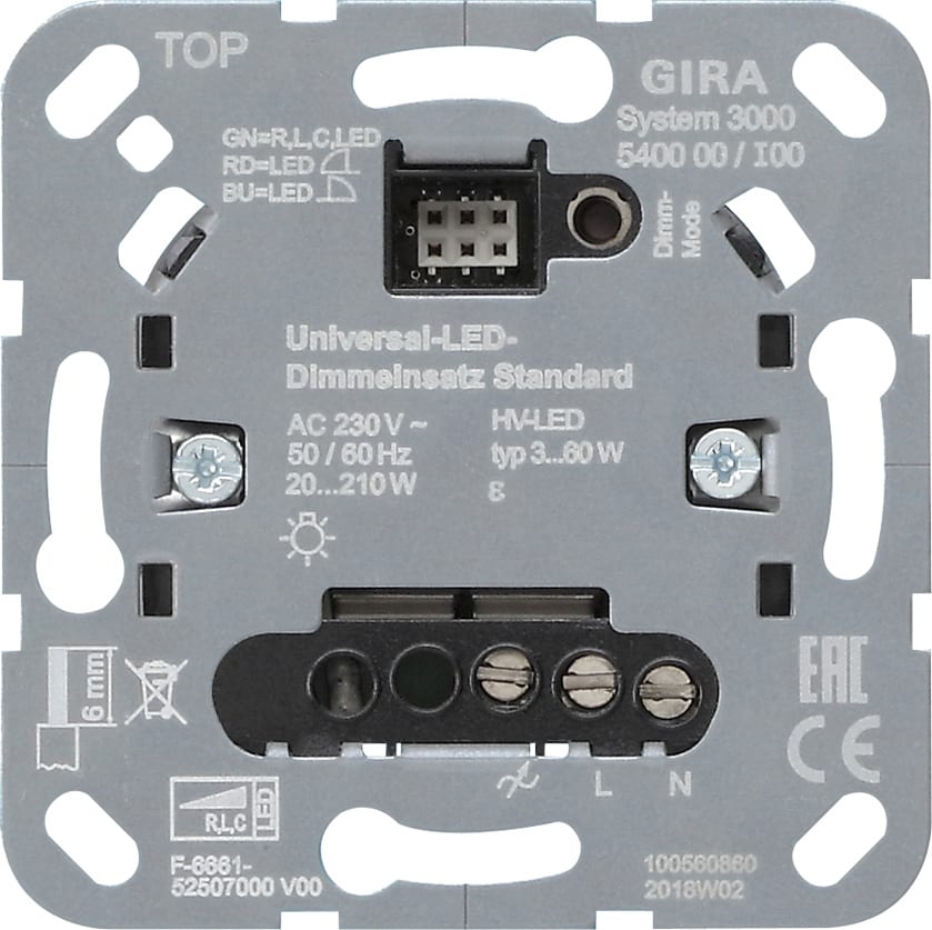GIRA - System 3000 elektronisk dimmer for veggboks, Standard versjon. AC 230 V, 50/60 Hz