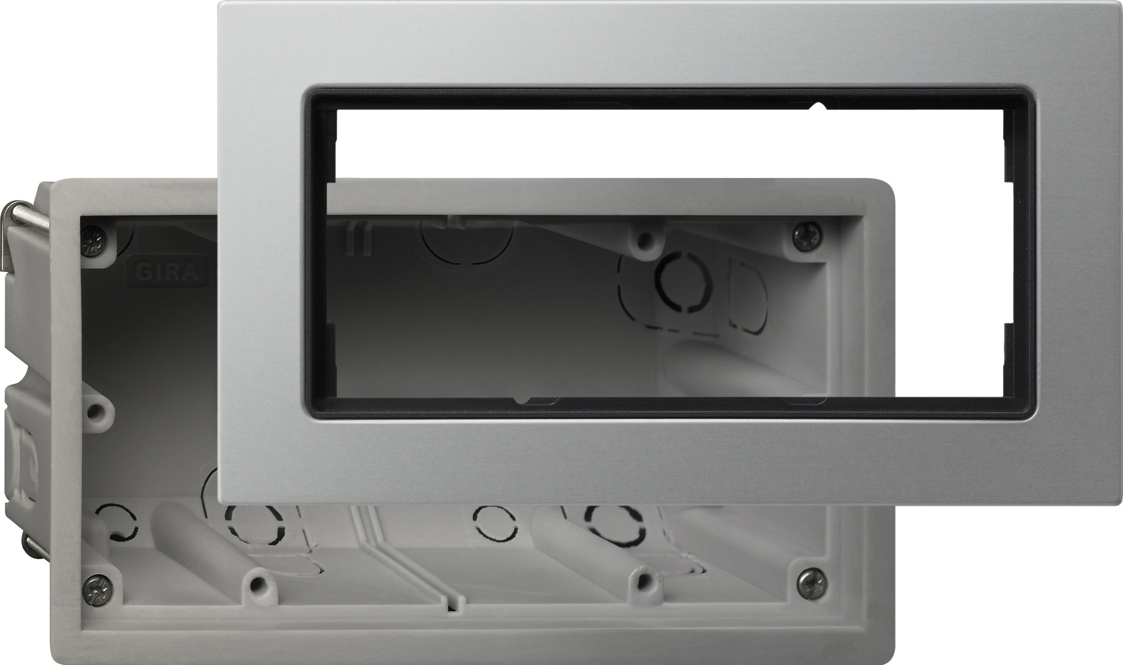 GIRA - Ramme E22 aluminium sett med innebyggingsboks 2 hull åpen