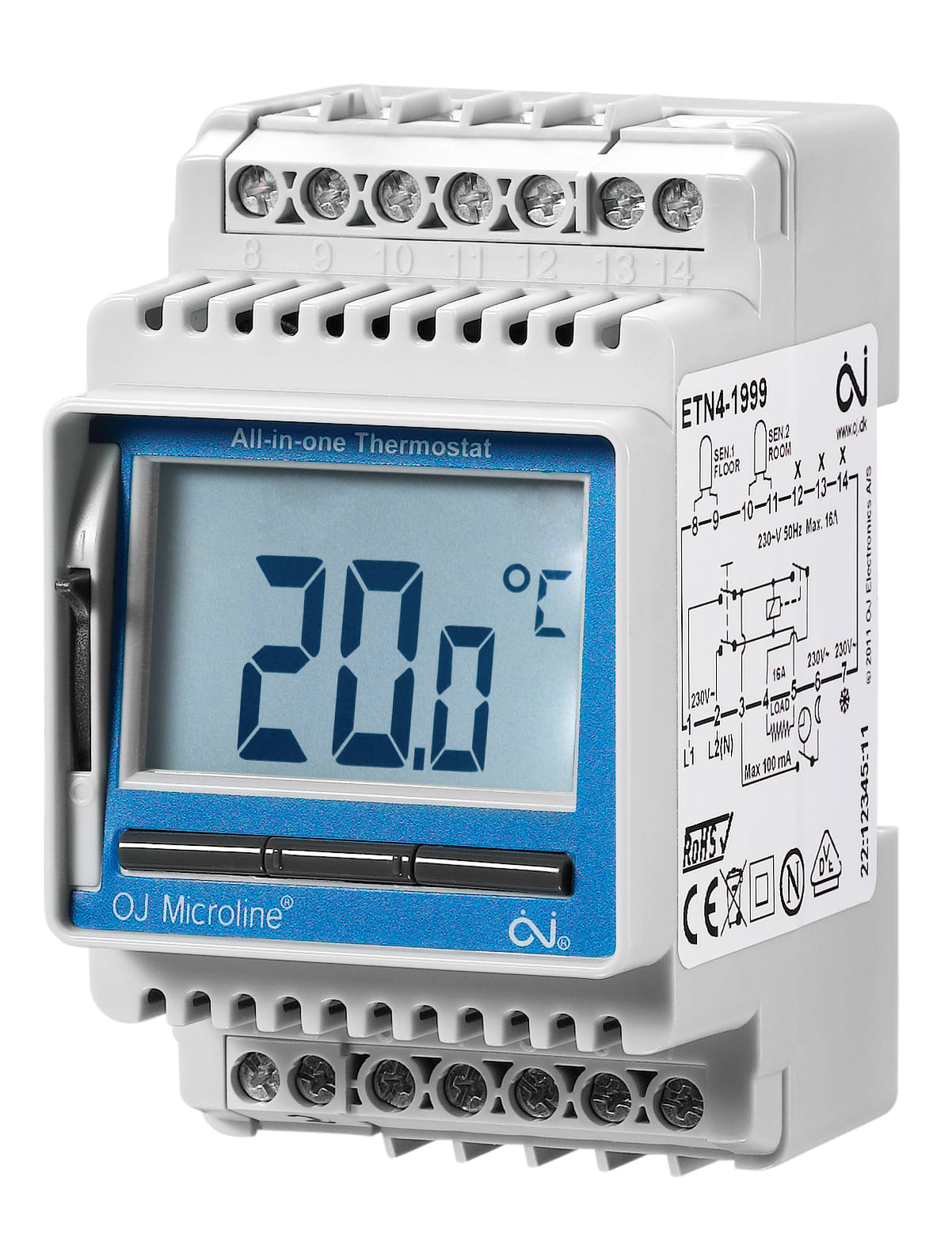 Function - Termostat ETN4-1991for tavlemontering med display, 2-pol bryter og sparetemp, 16A gulvføler