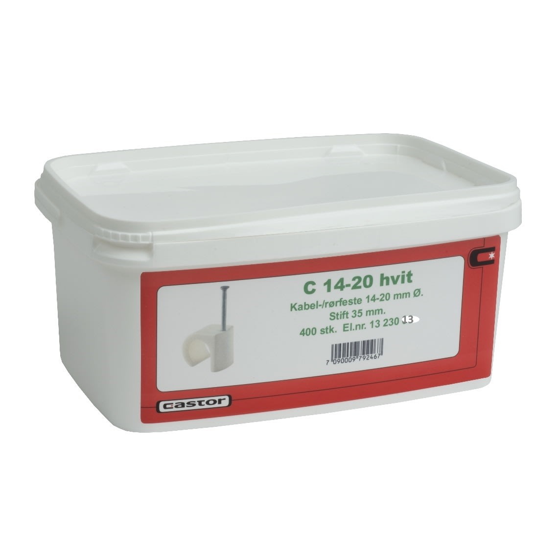 Castor - Plastklips m/spiker C 14-20 Hvit for feste av rund kabel