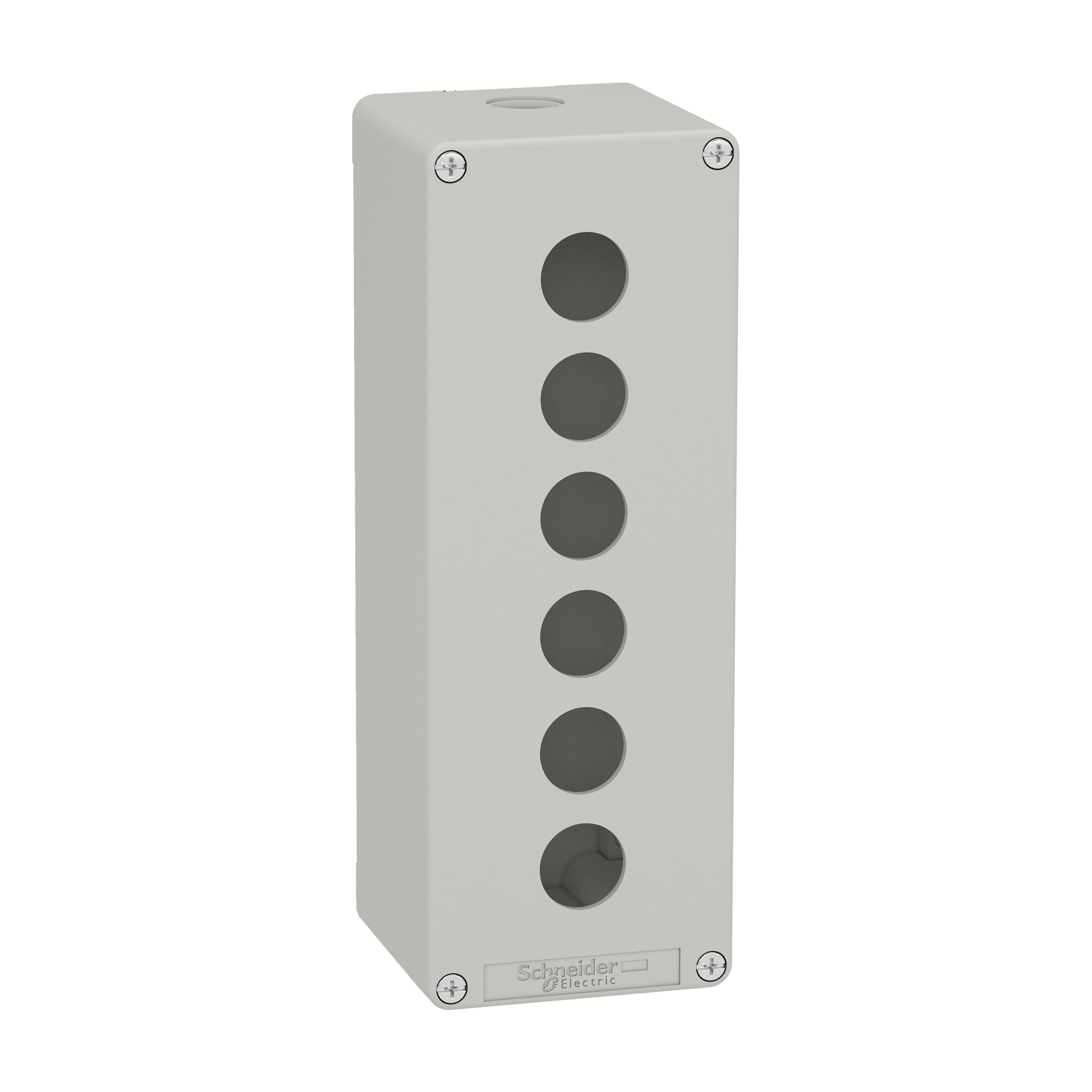 Schneider Electric - Trykknappboks tom i lysegrå metall med 6 x Ø22 mm huller og 1 x M25 kabelnippel 220 x 80 x 77 mm