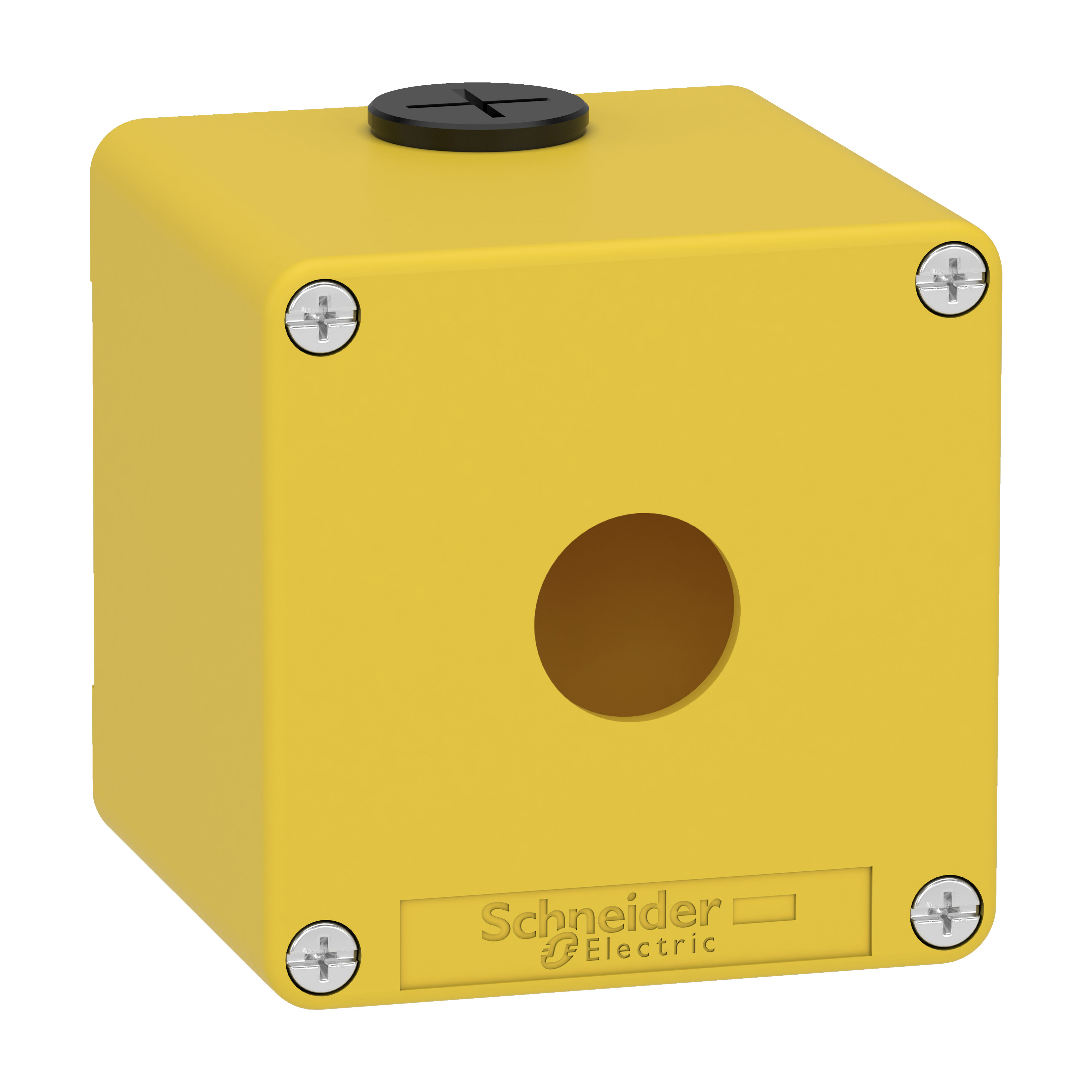 Schneider Electric - Nødstoppboks tom i gul metall med 1 x Ø22 mm hull og 2 x M20 kabelnipler 80 x 80 x77 mm