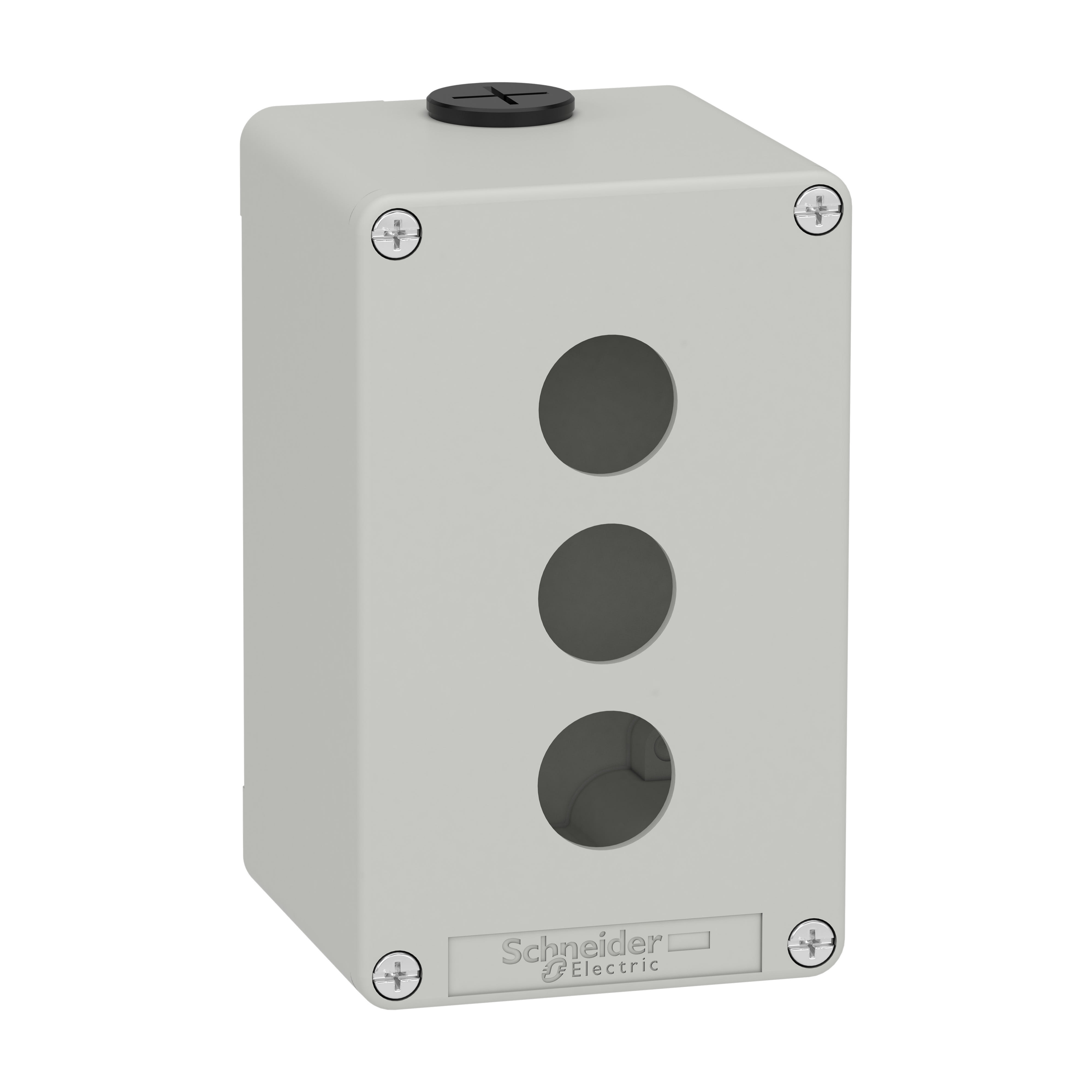 Schneider Electric - Trykknappboks tom i lysegrå metall med 3 x Ø22 mm huller og 2 x M20 kabelnipler 130 x 80 x 77 mm