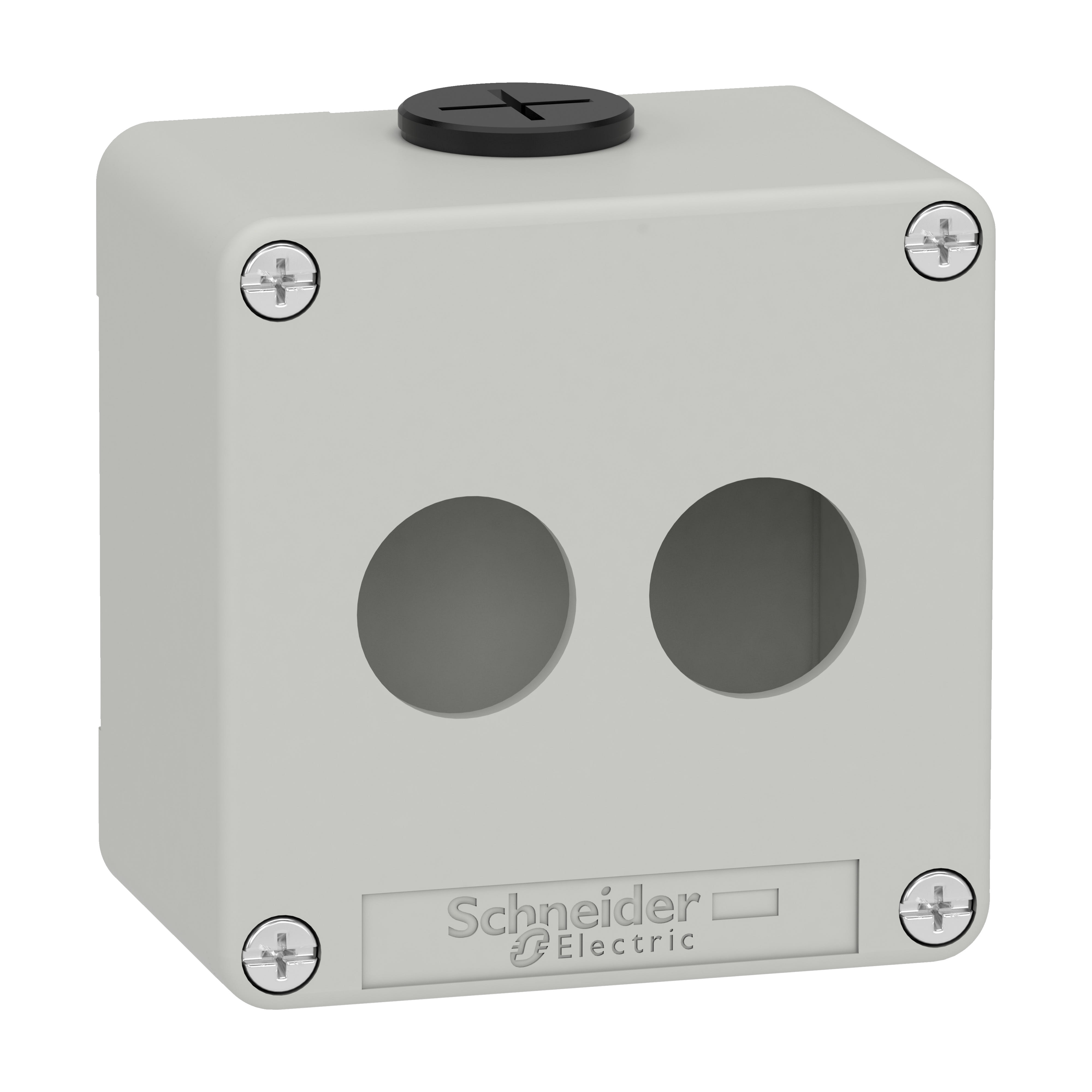 Schneider Electric - Trykknappboks tom i lysegrå metall med 2 x Ø22 mm huller og 2 x M20 kabelnipler 80 x 80 x 51,5 mm