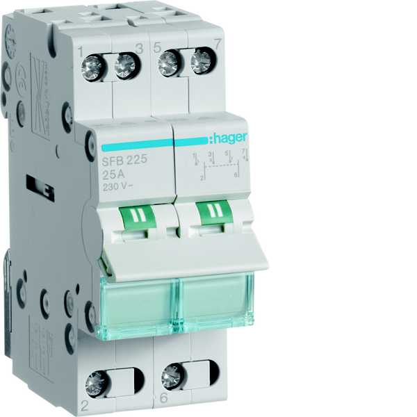 Hager - Lastvender, modulær, for stilling I - 0 - II, 2x25A 2 modul, avstilling i midtposisjon 230V