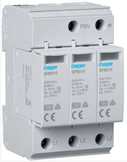 Hager - Overspenningsvern type 2, 3x230V IT, Uc 440V, Up ≤ 2,2kV, In 20kA, Iimp 40kA