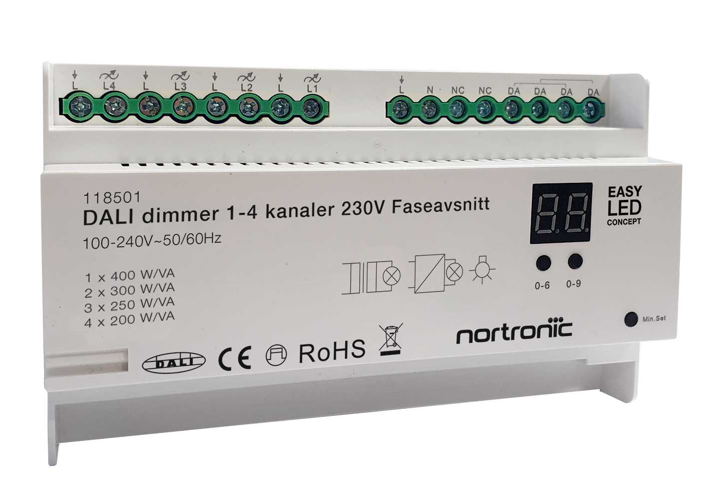 Nortronic - DALI/impuls 4x200VA DIN skinne Fasedim