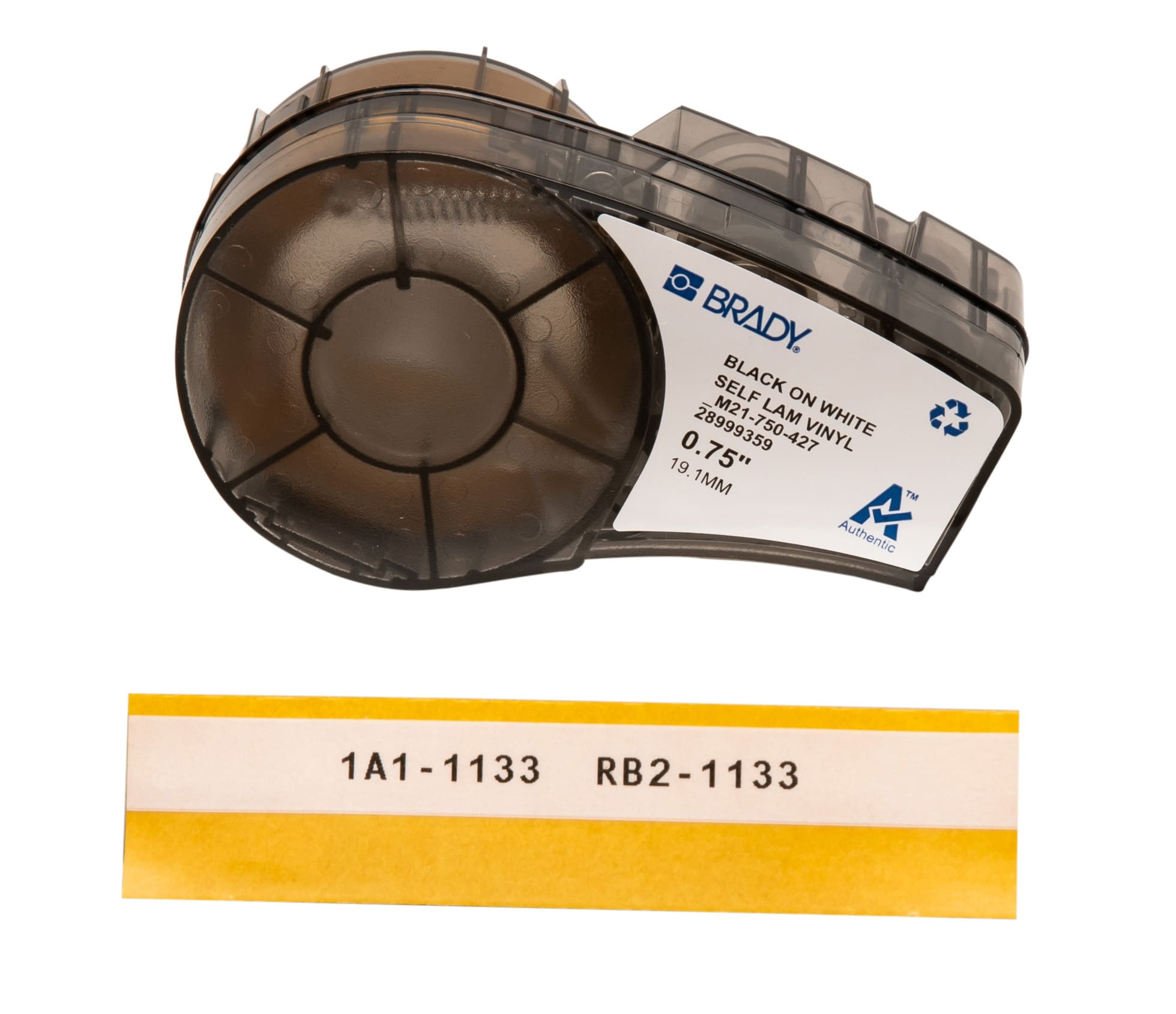 Brady - M21-750-427. Hvit/klar vinyltape. Selvlam. Bredde: 19.05mm, tekstfelt: 9.53mm, lengde: 4.26m