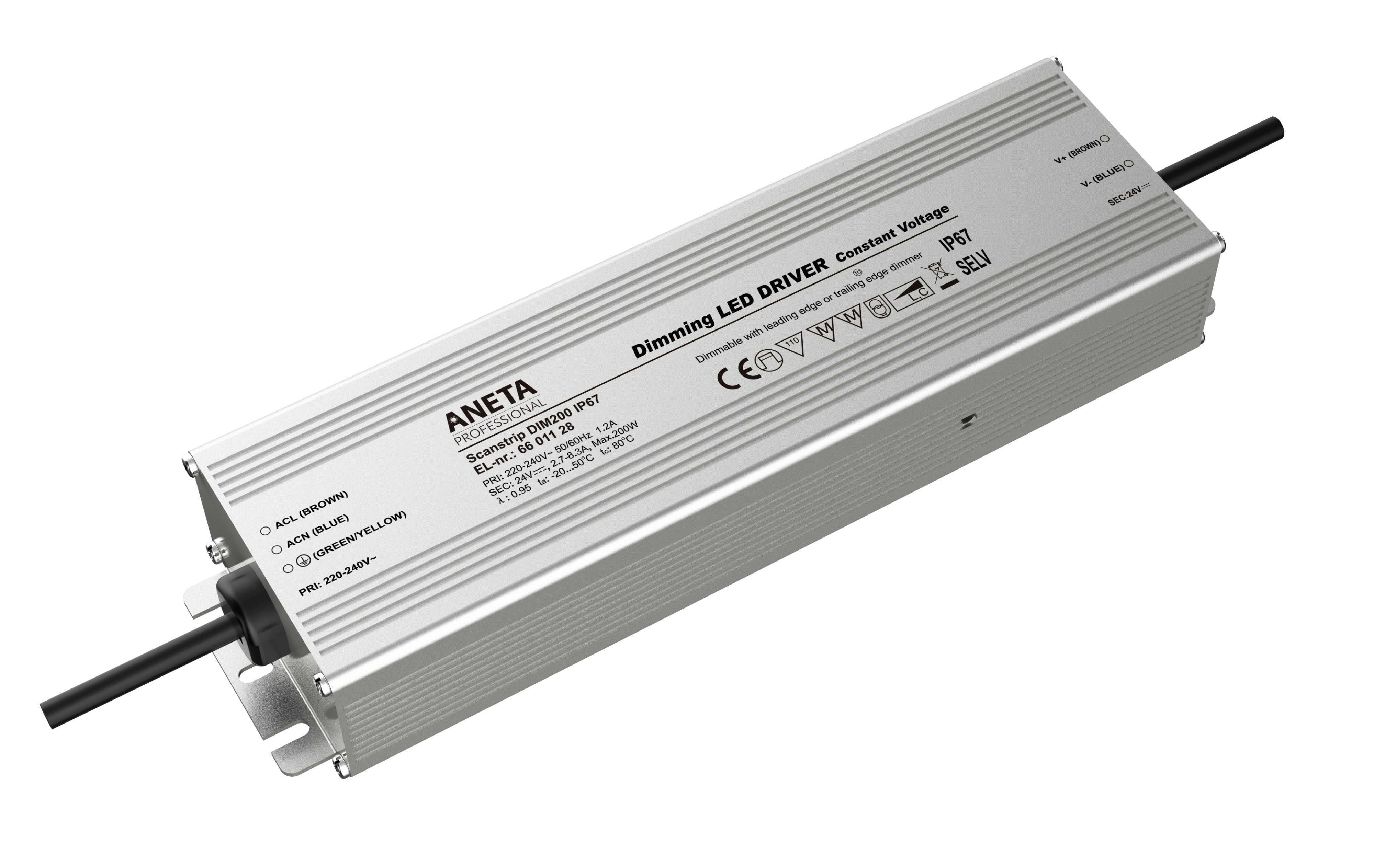 Aneta Lighting - SCANSTRIP DIM 200 IP67 DRIVER 24VDC 67-200W SØLV