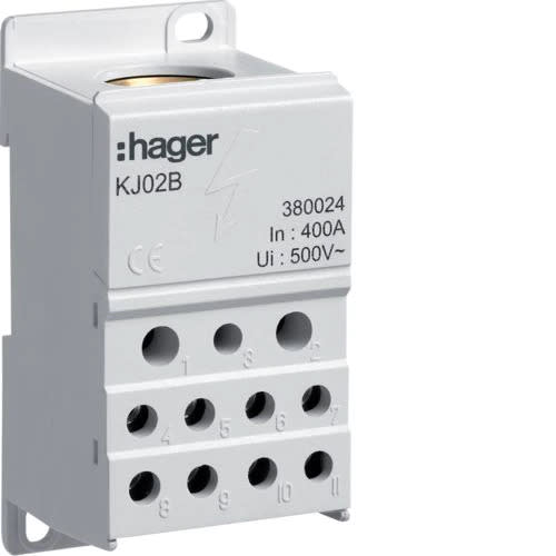 Hager - Avgreningsklemme 1-pol 400A, al/ cu, tilførsel 1x95-150², avganger 11x2,5-25²