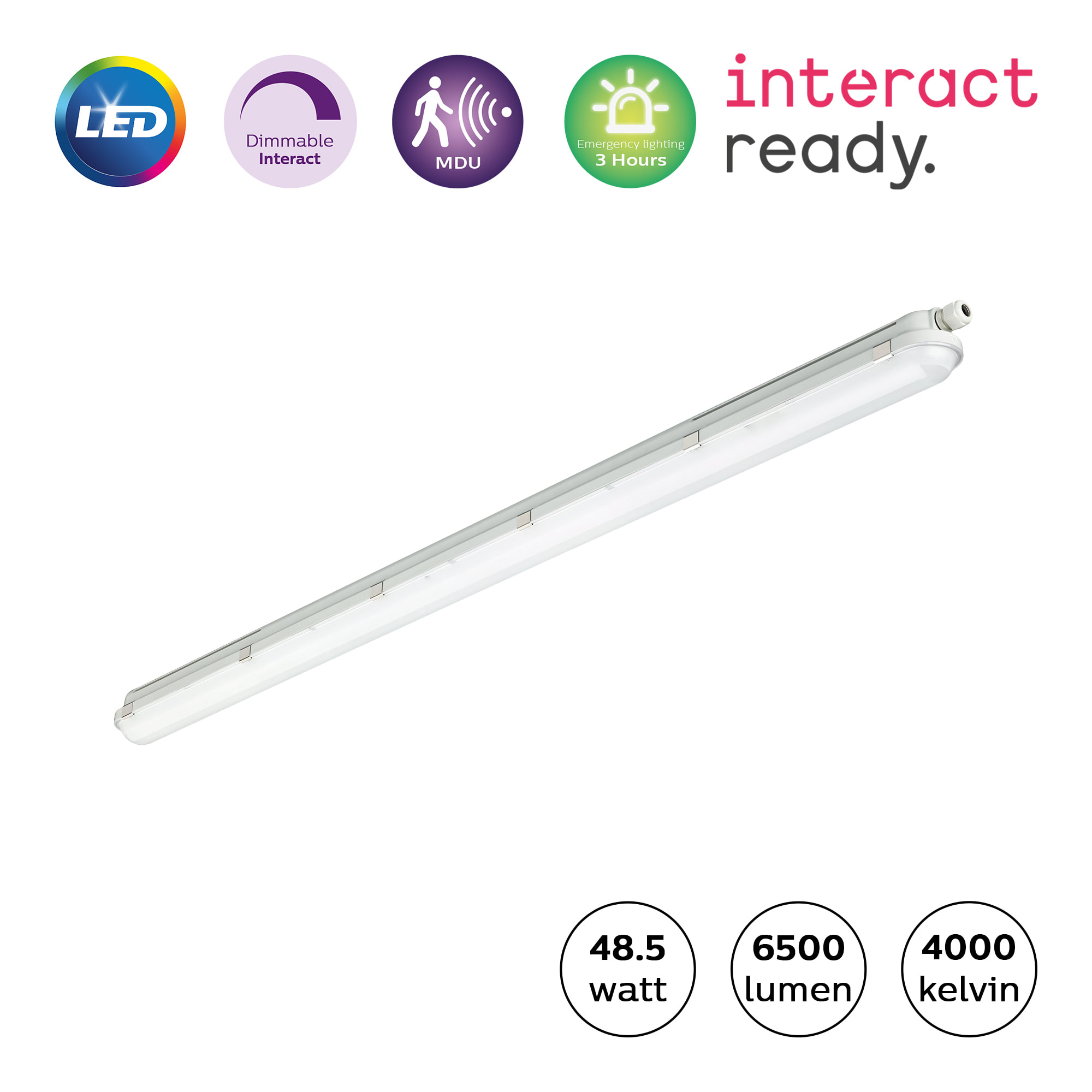 Philips - CoreLine Waterproof LED Industriarmatur IP65 – Interact – 48.5W – 6500lm Ra>80 4000K – Nødlys–1500mm