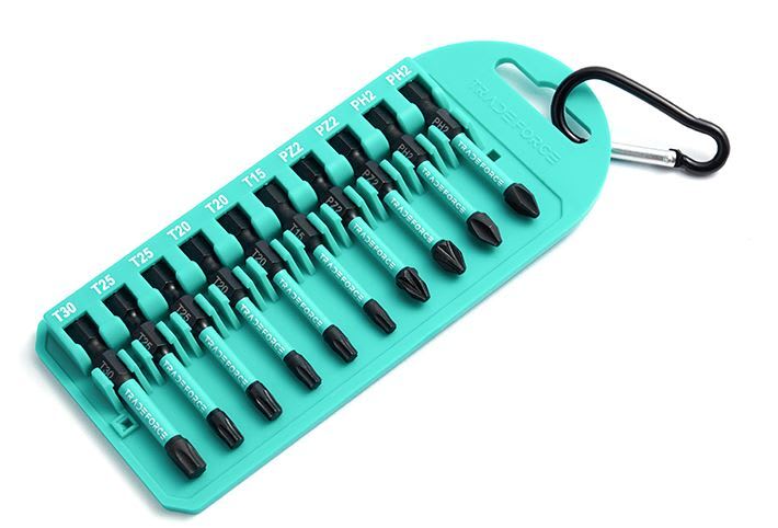 TradeForce - Bitssett 10 pk. På brett med krok. 50mm lengde. 2 stk PH2 og PZ2.  1 stk. TORX T15,20,25 og 30.