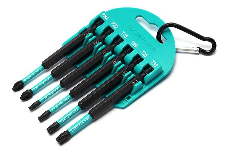 TradeForce - Bitssett 6 pk. På brett med krok. 90mm lengde. PH2, PZ2, TORX T15,20,25 og 30.