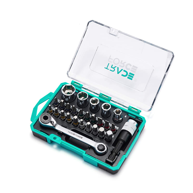 TradeForce - Skralle / Bitssett 27 deler. S2 stål. 19 bits. 1 stk 25mm 1/4 tomme adapter. 1 hurtigholder for bits