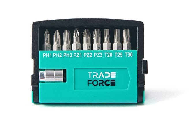 TradeForce - Bitssett 10 deler. 9 stk 25 mm lange bits. 1 stk 60 mm quick shift bits holder