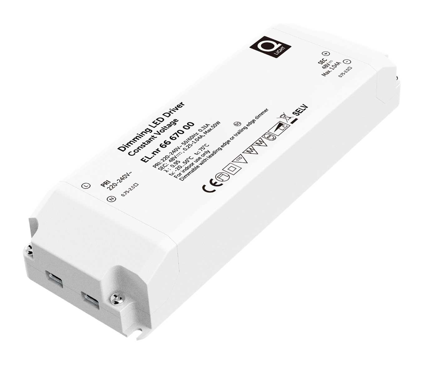 Q-Light - LED-driver 48VDC, 50W, dimbar trailing edge, IP20. Driveren brukes sammen med Q-Line GO led-striper