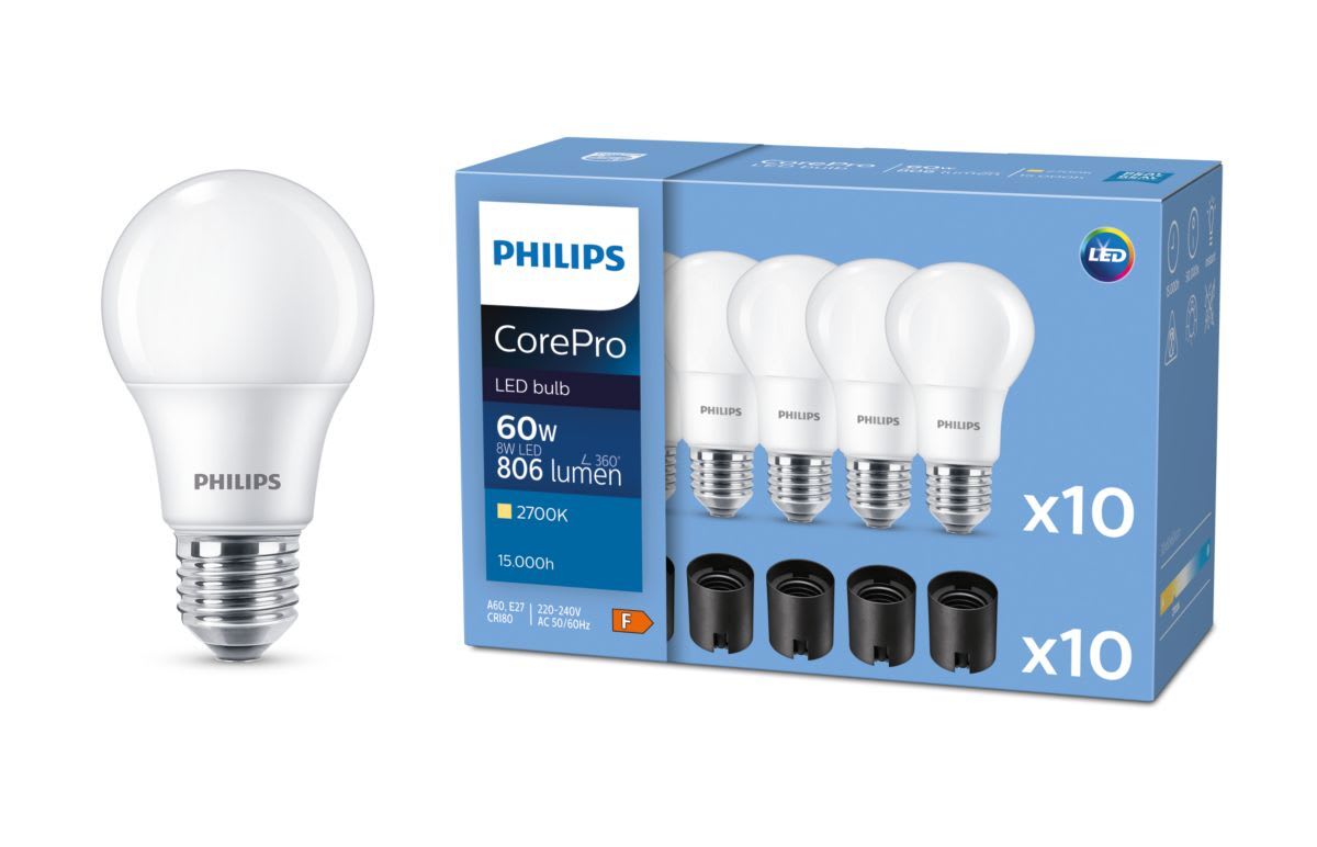 Philips - CorePro LED-pære 8-60W A60 827 (10-pakning)