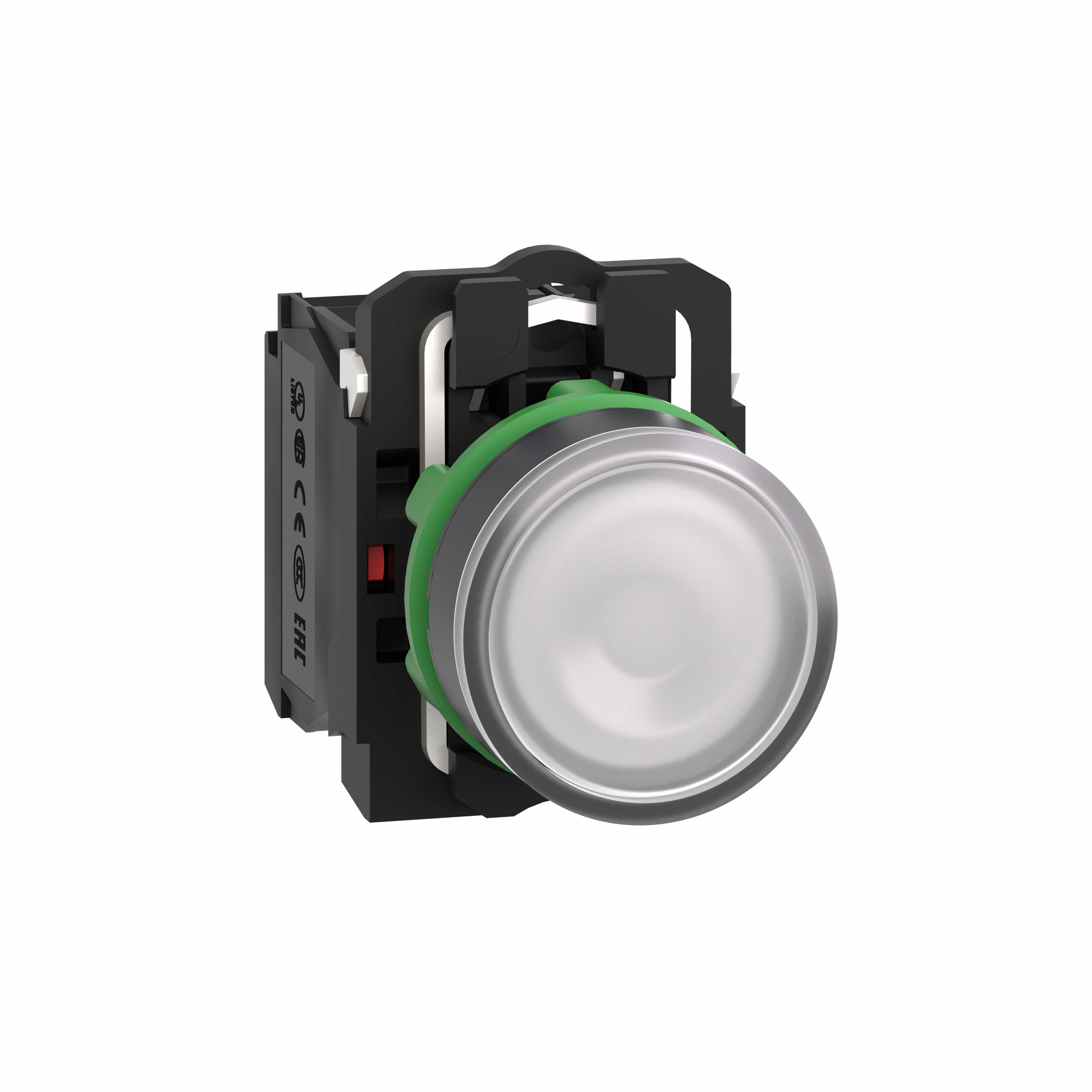 Schneider Electric - Lystrykknapp komplett med LED og hvit plan trykkflate med fjærretur 24VAC/DC 1xNO+1xNC