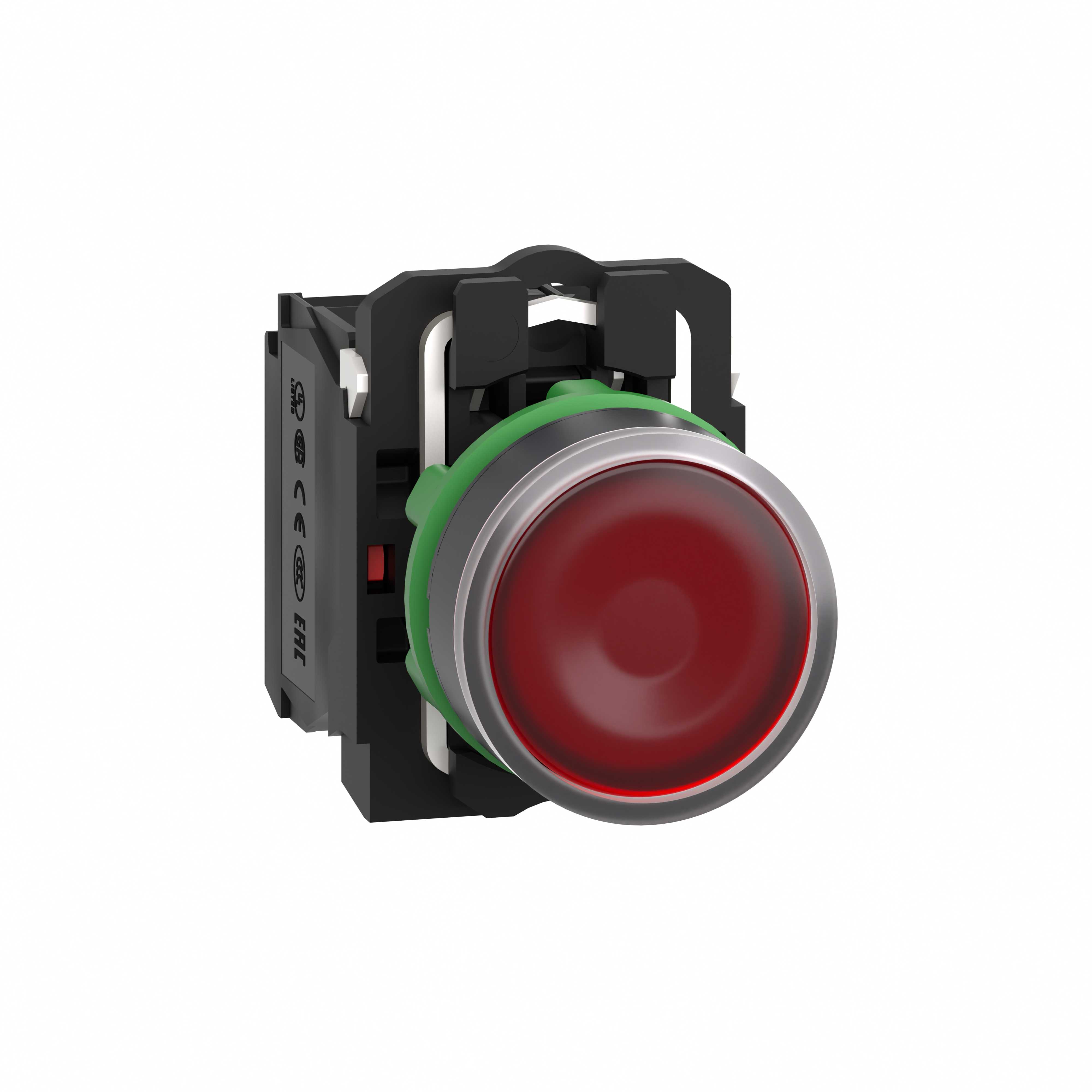 Schneider Electric - Lystrykknapp komplett med LED og rød plan trykkflate med fjærretur 24VAC/DC 1xNO+1xNC