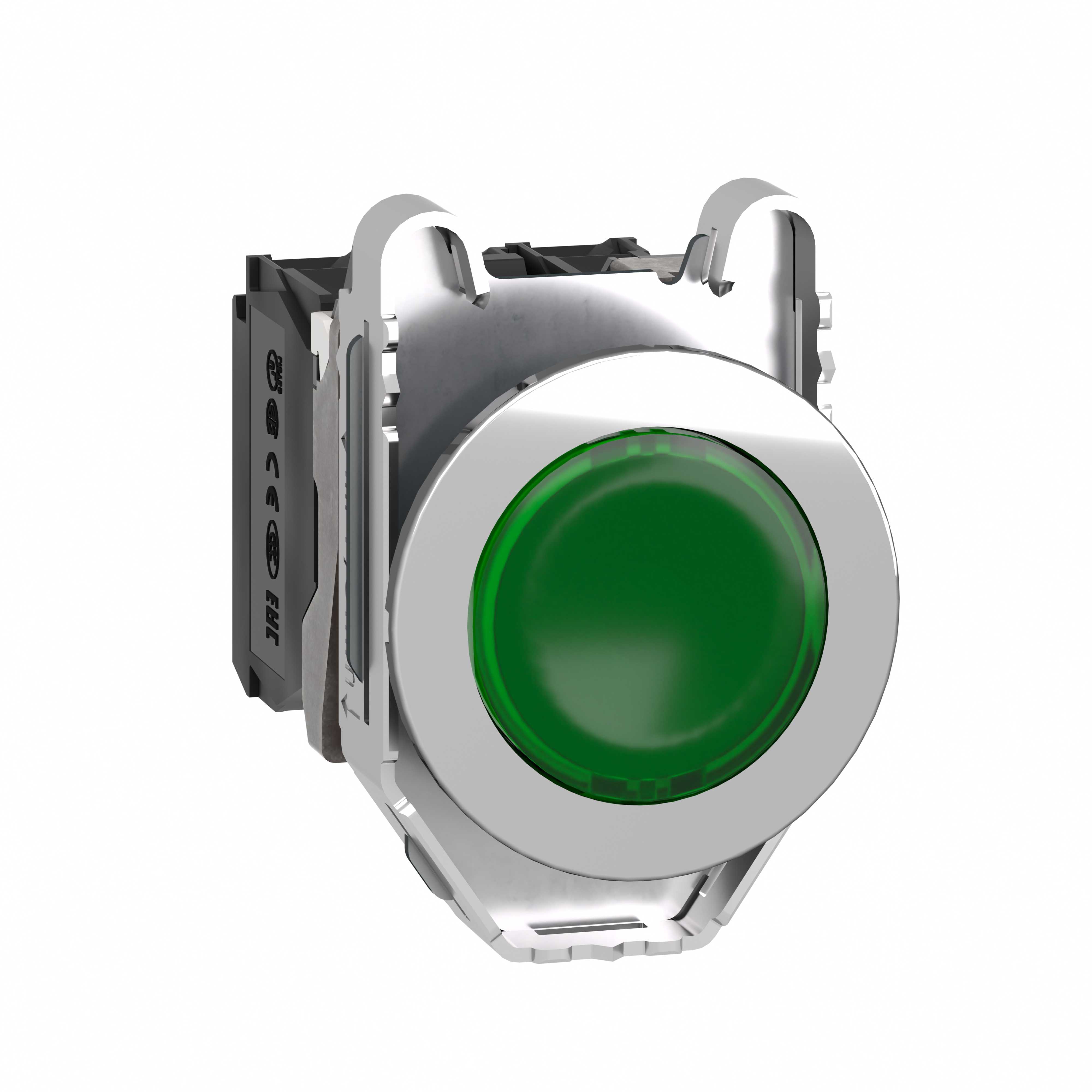 Schneider Electric - Lystrykknapp komplett flush med LED og grønn plan trykkflate med fjærretur 24VAC/DC 1xNO+1xNC
