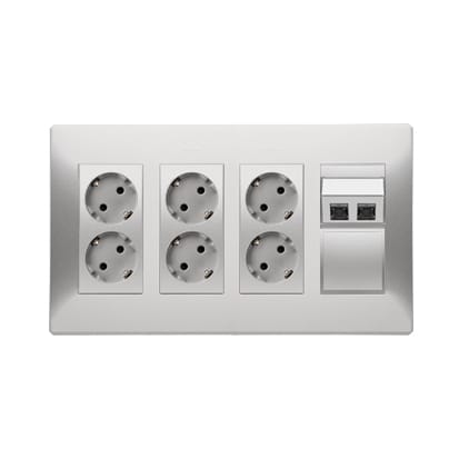 Kontakt Simon - 6 veis stikk + 2x kat6 komplett med veggboks Alu