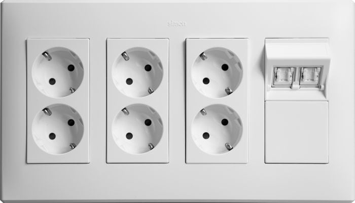 Kontakt Simon - 6 veis stikk+ 2 kat6 komplett m/veggboks jord skru hvit