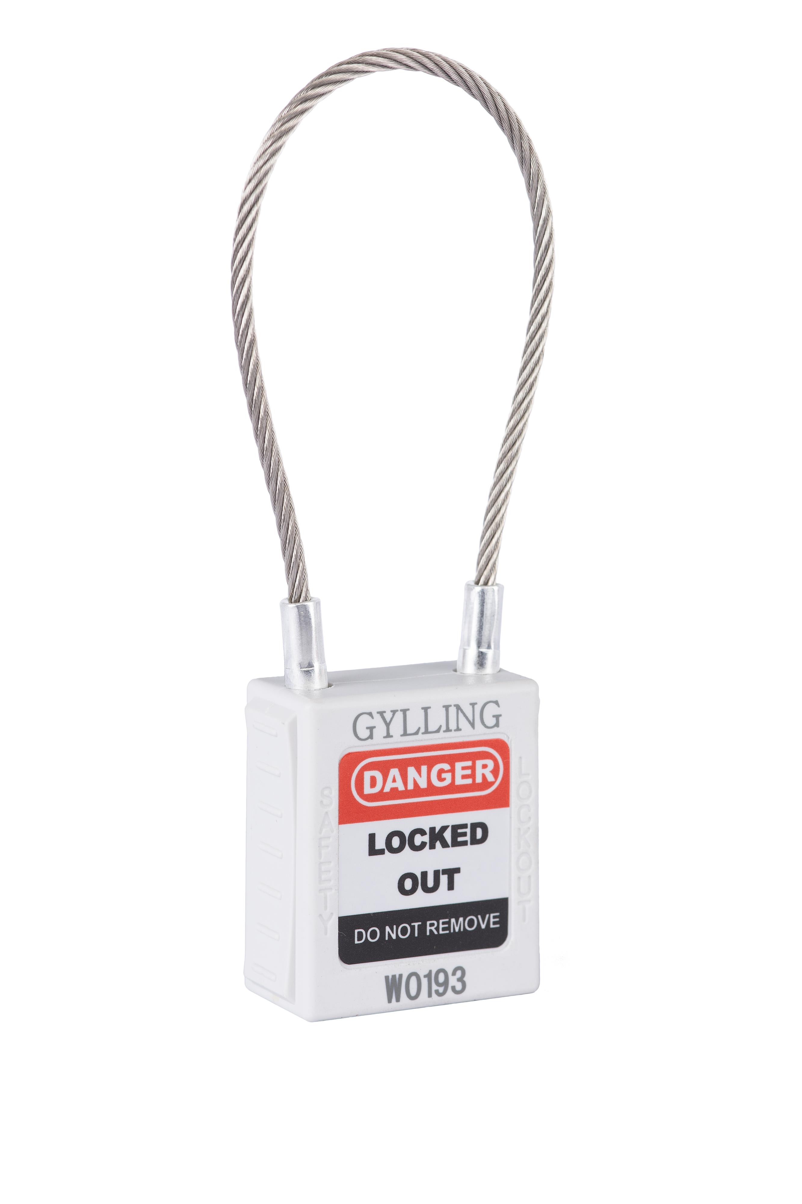 Gylling teknikk - Hvit sikkerhetslås i nylon med stålwire med lengde 175mm og diameter 3,2mm. Ulike nøkler