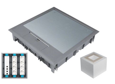 Hager - Komplett gulvboks med 8 x stikk og 4 x data kat 6A FTP, blindlokk og smart nedstøpningsmal medfølger