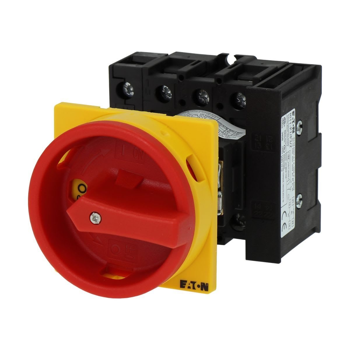 Eaton Electric - Hovedbryter, P1, 40 A, bak montert, 3 fas + N, 1 N/O, 1 N/C, Nødstopp , rød/gull