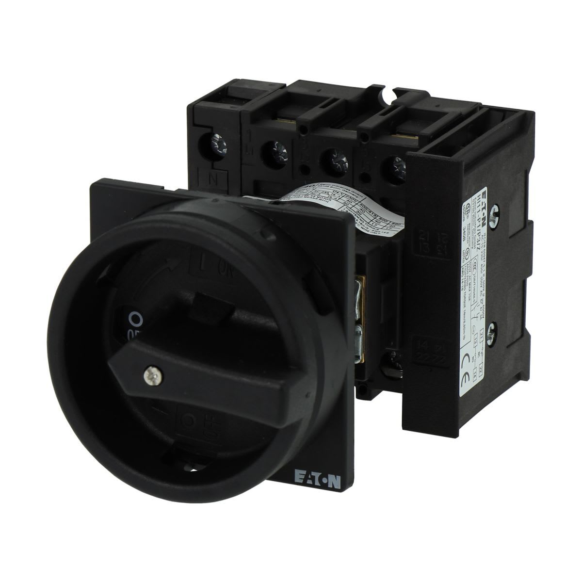 Eaton Electric - Hovedbryter, P1, 40 A, bak montert, 3 fas + N, 1 N/O, 1 N/C, STOPP funksjon, med svart handtak