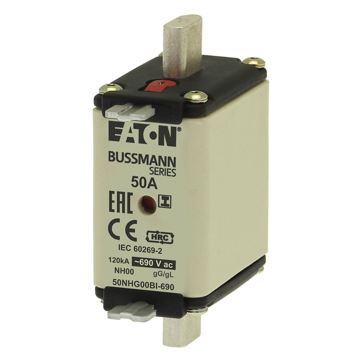Eaton Electric - NH-knivsikring, , 50 A, AC 690 V, 120 kA, NH00, gG/gL, IEC, dual indikator, isolerte gripehåndtak