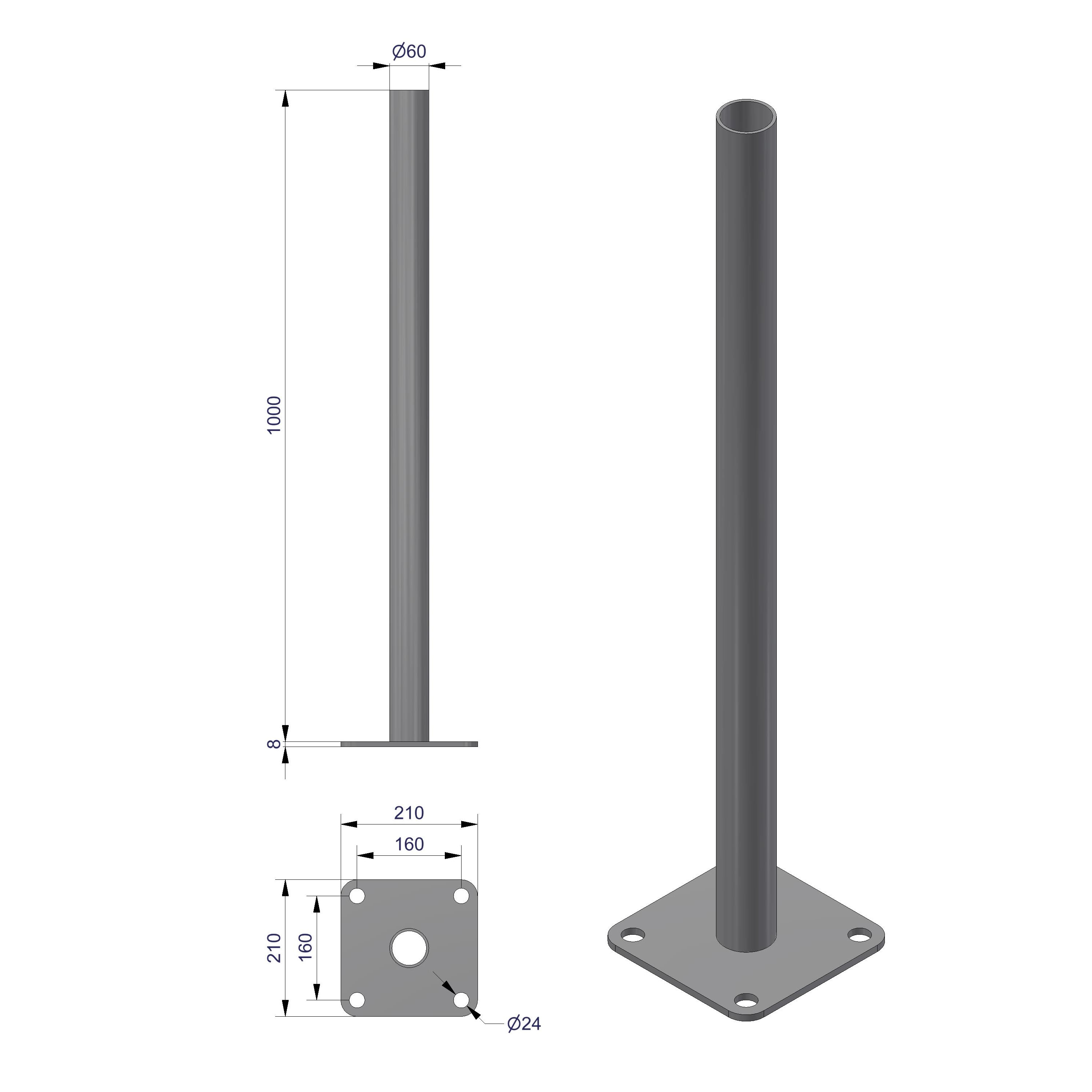 Vik Ørsta AS - LADESTOLPE RUND Ø60mm H=1 mtr CC160 SORT PULVERLAKK RAL9005