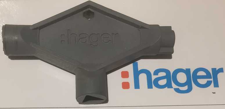 Hager - Universalnøkkel 3-veis i plast til Hager univers skap. Tverrspor 14mm, tre- og firkant 8mm